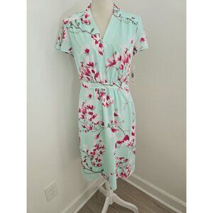 Alex Marie Elise Mint Green Pink Floral Flutter Sleeves V-Neck Dress 4 S Small